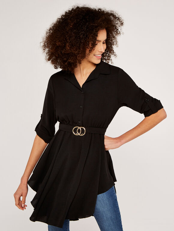 Belted Shirt Dress, Black, large