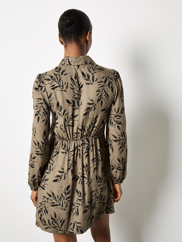 Leaf Print Shirt Mini Dress, Khaki, large