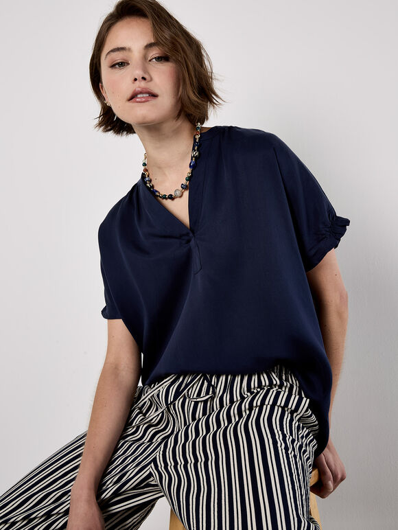 Wide Leg Stripe Trousers, Navy, large