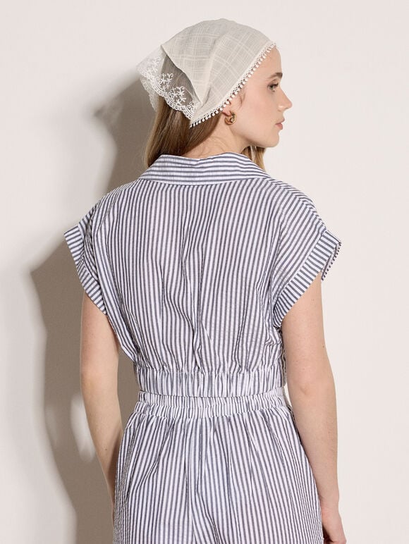 Stripe Shirt Crop Top, Navy, large