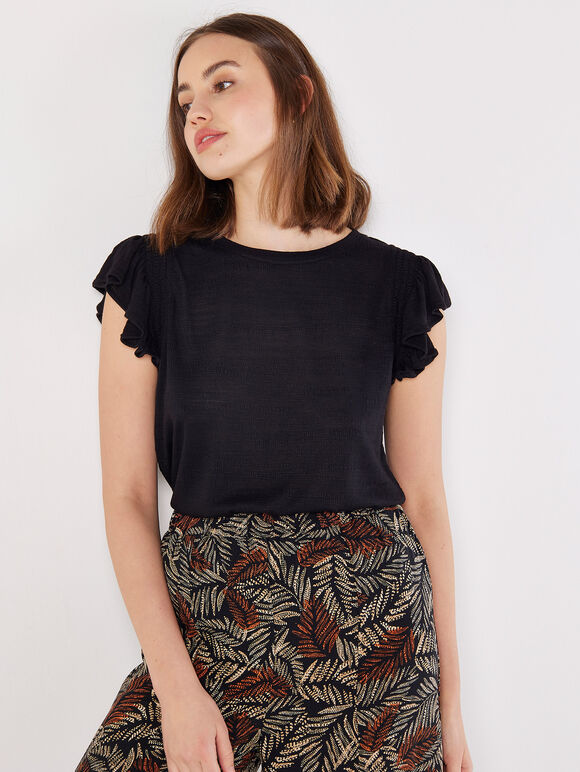 Soft Slub Ruffle Sleeve T-Shirt, Black, large