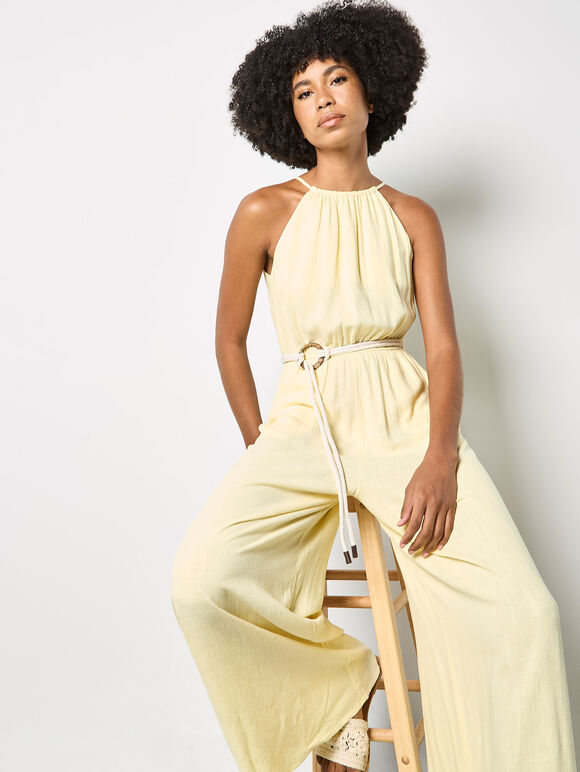 Cotton Blend Wide-Leg Jumpsuit, Yellow, large