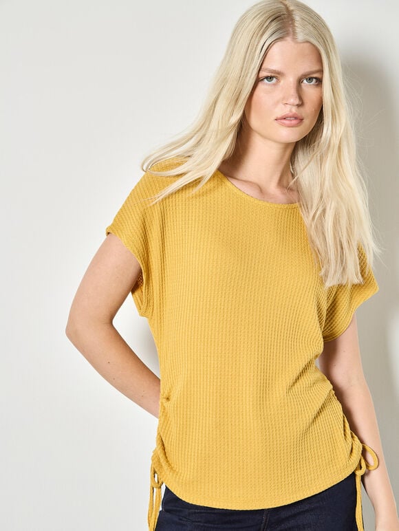 Waffle Knit Ruched T-Shirt, Mustard, large