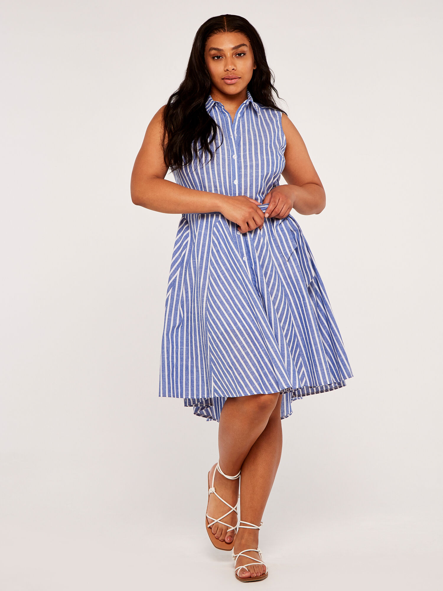 Blue pinstripe tie waist shirt dress clearance