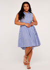 Curve Pinstripe Button Tie Waist Dress, Blue, large