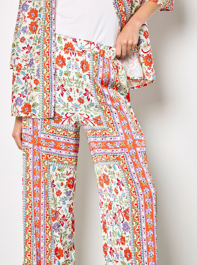 Floral Scarf Print Satin Wide-Leg Trousers