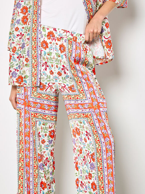 Floral Scarf Print Satin Wide-Leg Trousers, Orange, large