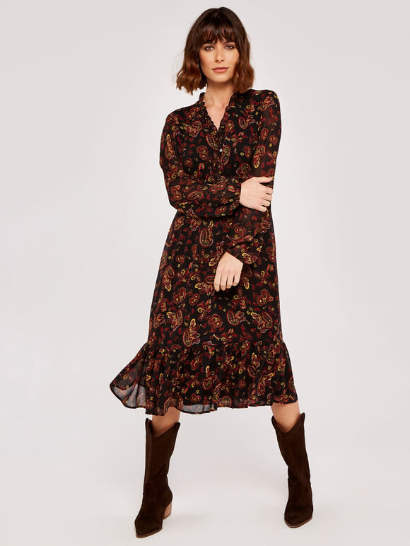 Paisley Long Sleeve Ruffle Midi Dress, Black, large