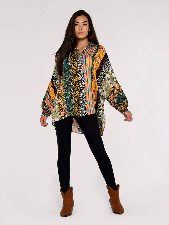 Patchwork Stripe Sleeve Shirt, Mustard, large