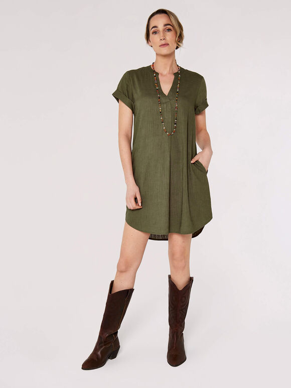 Linen Blend Relaxed Mini Dress, Khaki, large