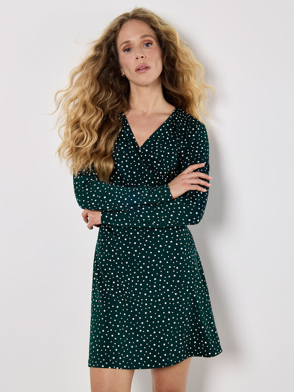 Polka Dot Wrap Ruched Mini Dress, Green, large