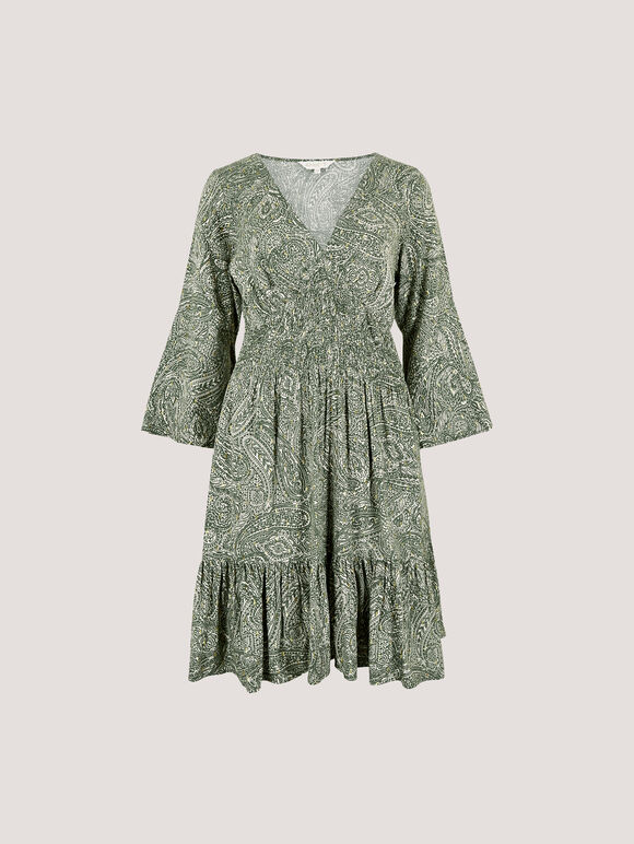 Metallic Dobby Paisley Mini Dress, Khaki, large
