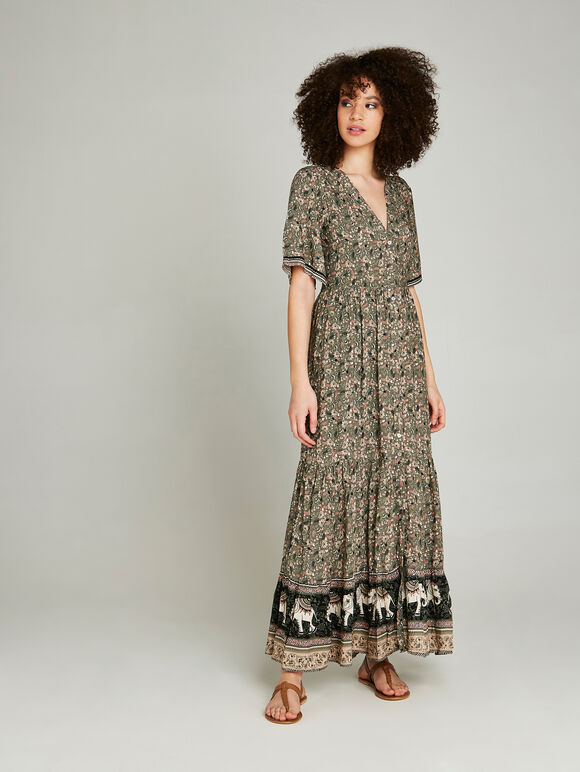 Elephant Border Print Maxi Dress, Khaki, large