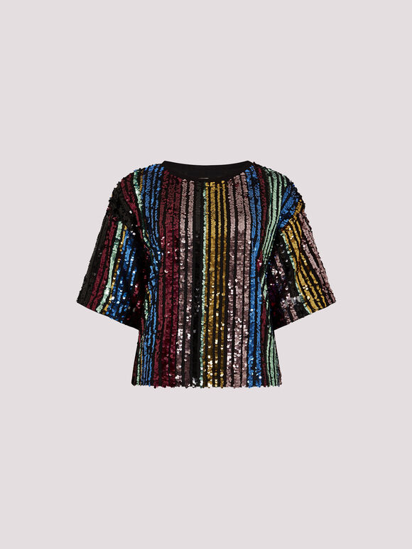 Rainbow Sequin Stripe Crop T-Shirt, Black, large