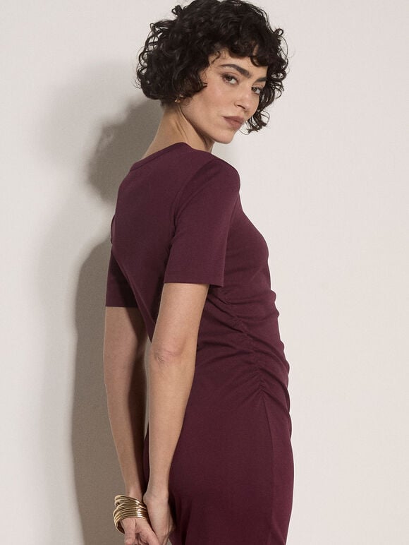 Cotton Ruched T-Shirt Maxi Dress, Burgundy, large