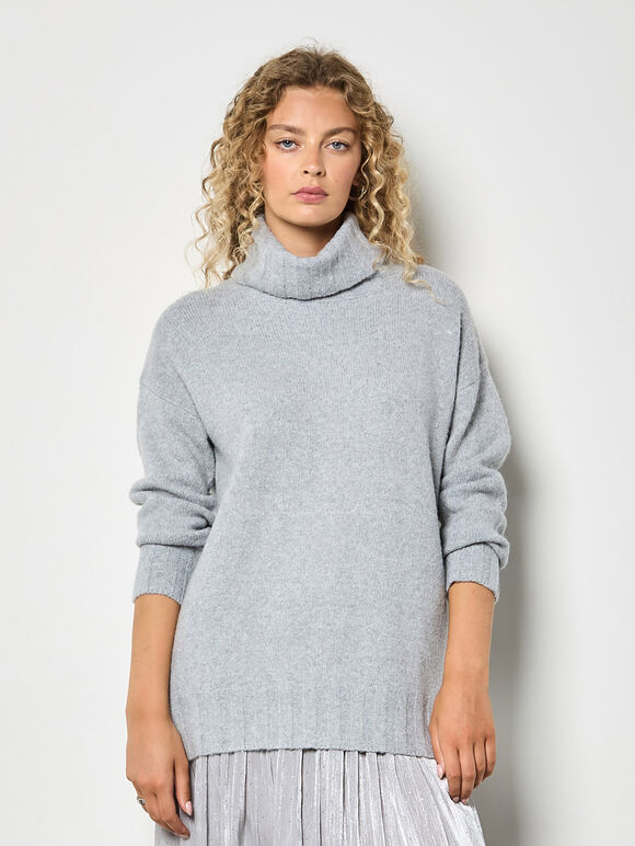Oversized Roll Neck Tunic Jumper, Light Grey / Silver, large
