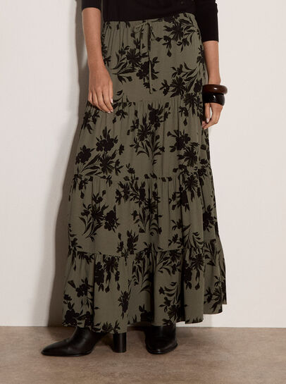 Floral Silhouette Crepe Midi Skirt