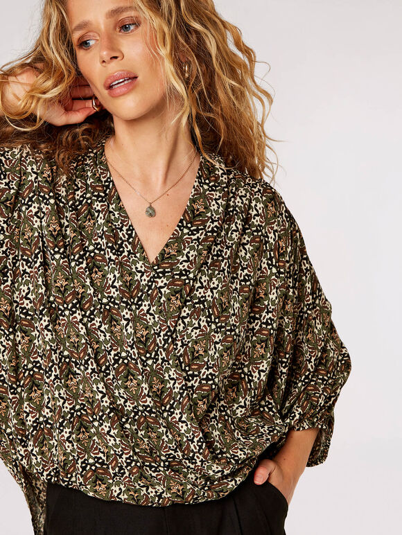 Ikat Tile Print Wrap Top, Khaki, large