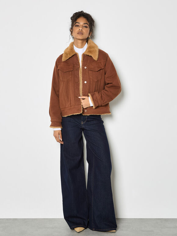 Faux Fur Lined Denim Jacket, Rust, large