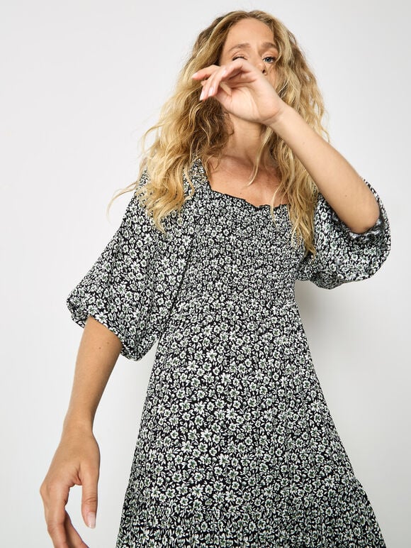 Ditsy Floral Smocked Midi Dress, Green, large