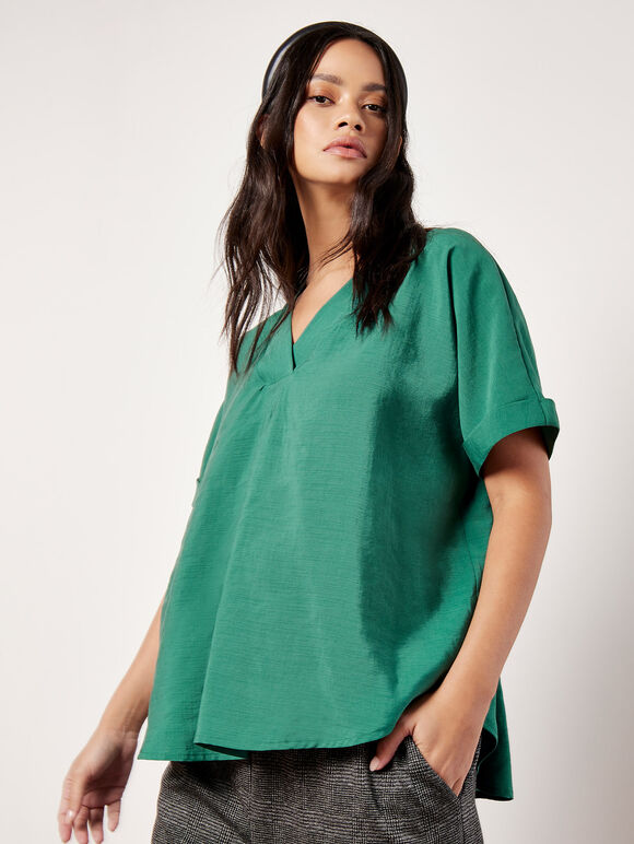 Pleat Detail V-Neck Top, Green, large
