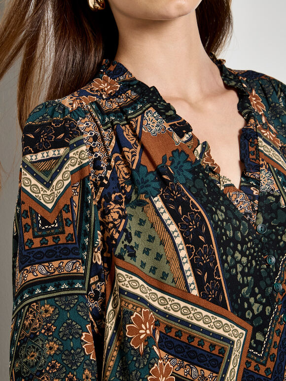 Patchwork Print Ruffle Blouse, Green, large