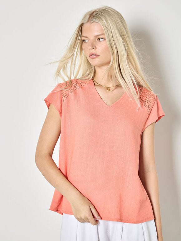 Crochet Insert T-Shirt, Coral, large