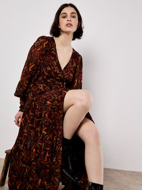Ikat Chiffon Tiered Maxi Dress, Burgundy, large