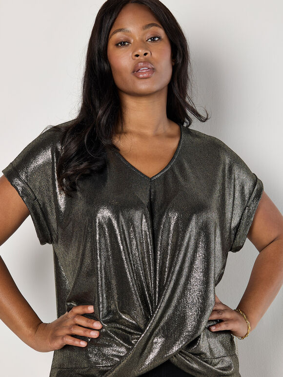 Curve Metallic Foil Twist Hem Top, Yellow, large
