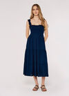 Robe midi smockée à volants, bleu marine, grand