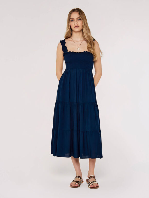 Robe midi smockée à volants, bleu marine, grand