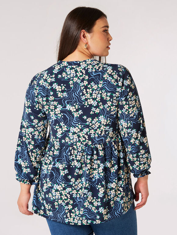 Curve Bluse mit Blumenwirbel, Marineblau, Größe L