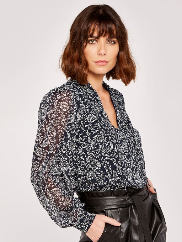 Folk Leaf Tie Neck Cuff Sleeve Top, Navy, large