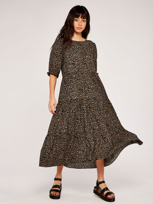 Animal Print Smock Dress, Khaki, large