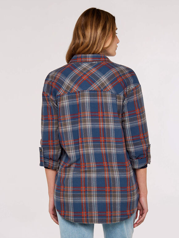 Checked Cotton Flannel Shirt, Blue, large