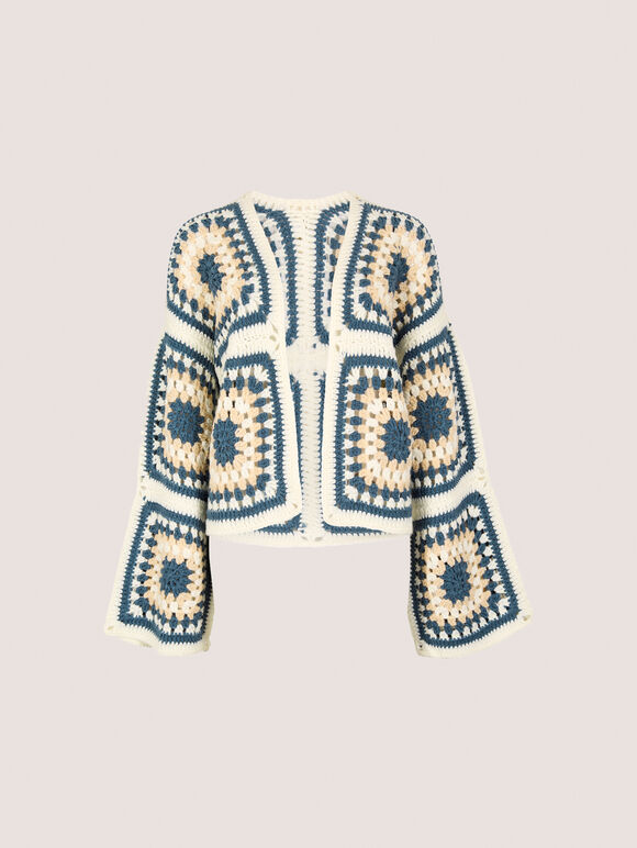 Hand-Knit Crochet Squares Cardigan, Cream, large