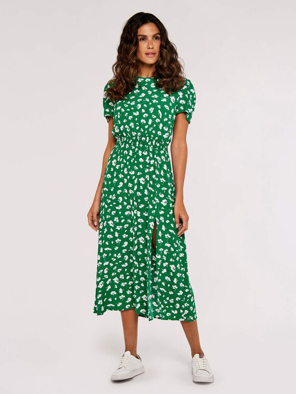 Floral Split Midi Dress, Green, large