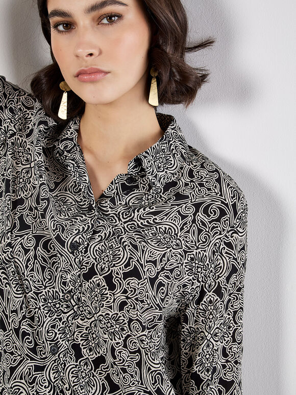 Art Deco Paisley Print Shirt, Black, large