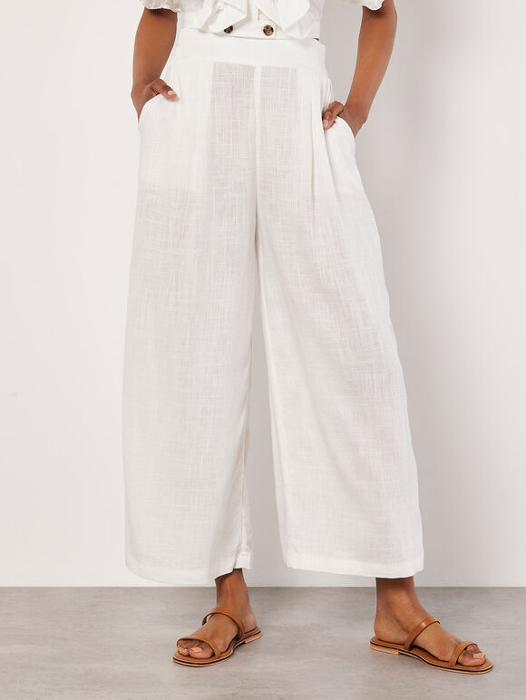 Linen Blend Cropped Palazzo Trousers, White, large