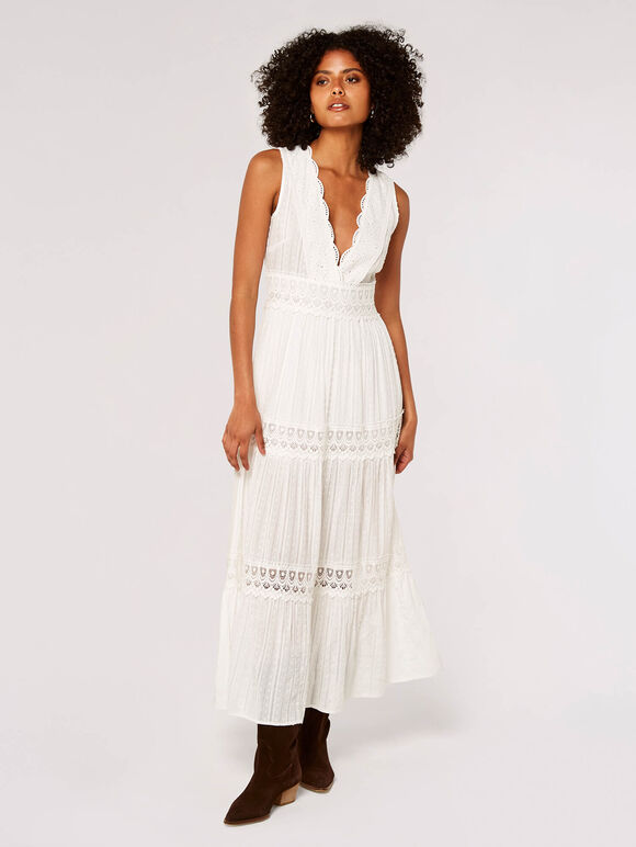 Dobby Crochet Tiered Maxi Dress, Cream, large