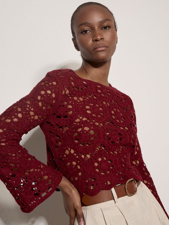 Boho Floral Cotton Crochet Top, Burgundy, large