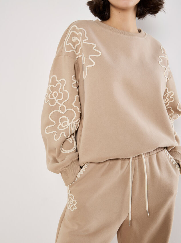 Floral Embroidered Sweatshirt, Cream, large