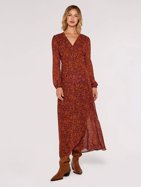Floral Wrap Maxi Dress, Rust, large