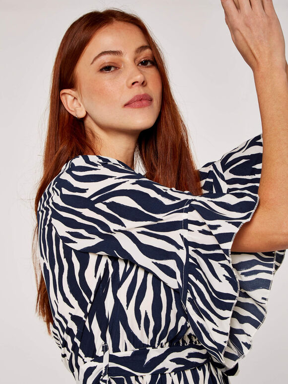 Zebra Print Dip Hem Dress, Navy, large