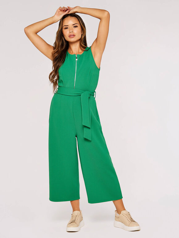Zip Front Culotte Jumpsuit, Green, large