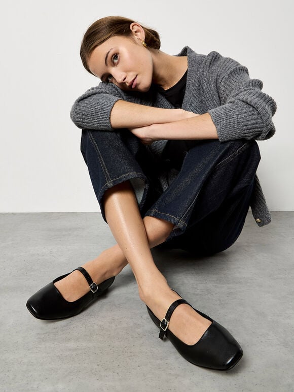 Leather Mary Jane Shoes, Black, large