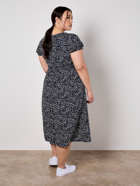 Brush Spot Milkmaid Midi Dress, Navy, large
