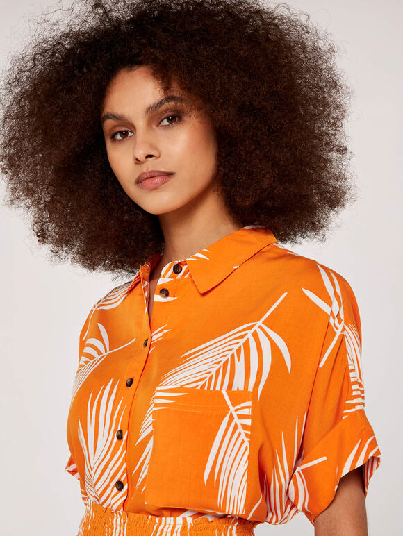 Palm Print Cropped Shirt, Orange, large
