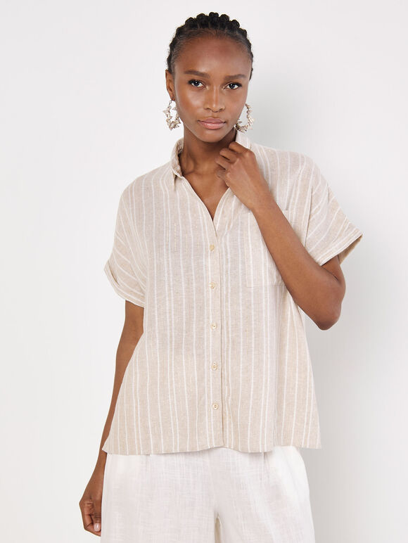 Linen Blend Stripe Shimmer Shirt, Stone, large