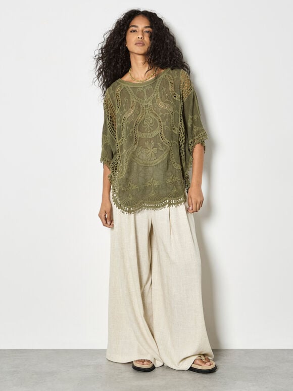 Cotton Blend Crochet Embroidered Top, Khaki, large